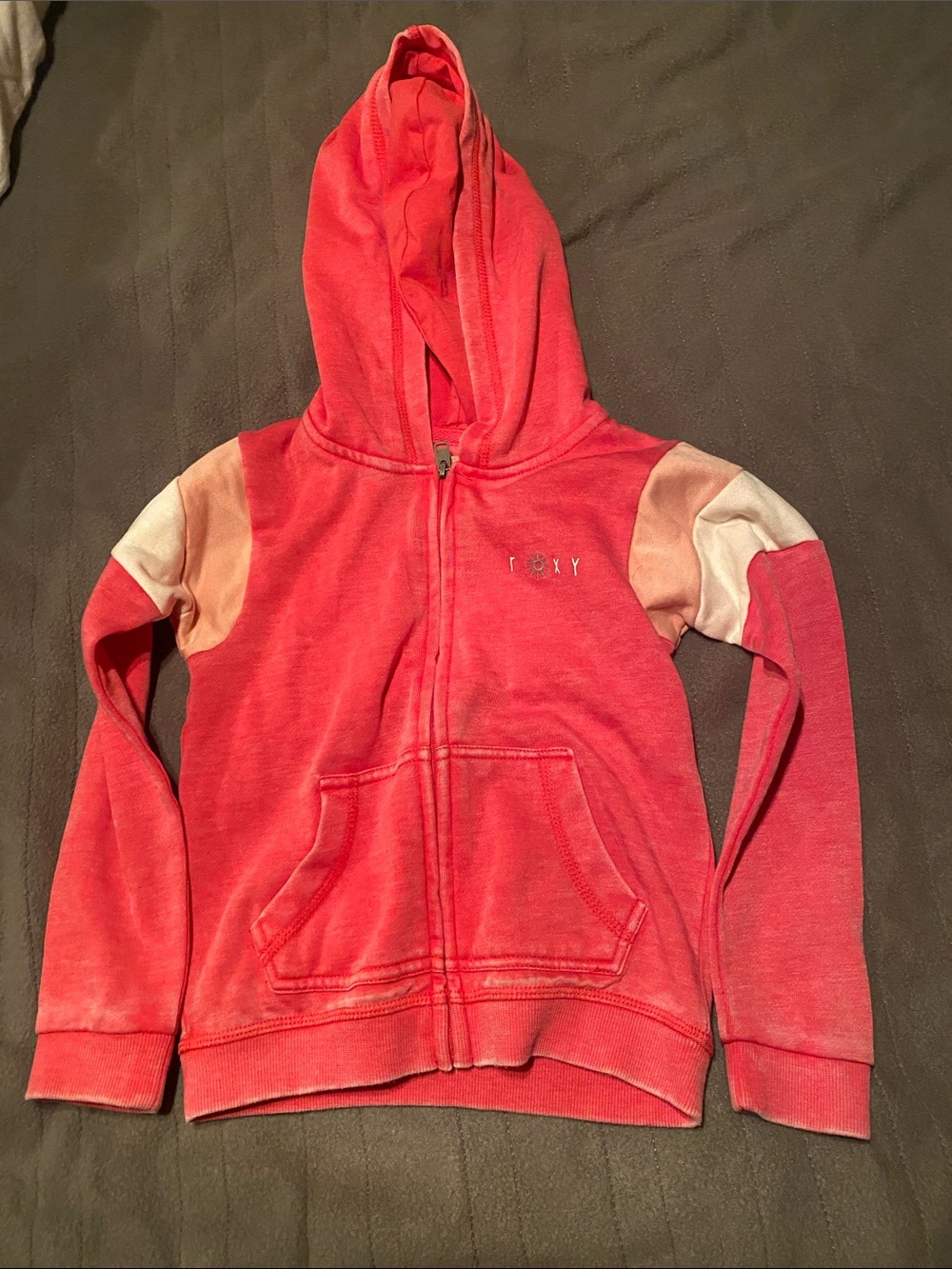 Roxy Coral Zip Hoodie with Cream Accent Sleeves